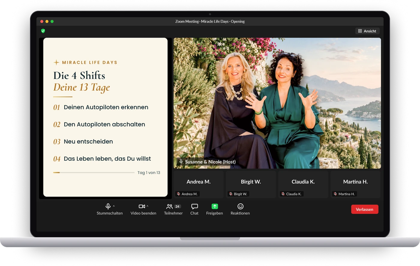 Dein Online-Kurs: Zoom-Raum mit Susanne und Nicole und der Folie „Die 4 Shifts: Deine 13 Tage“